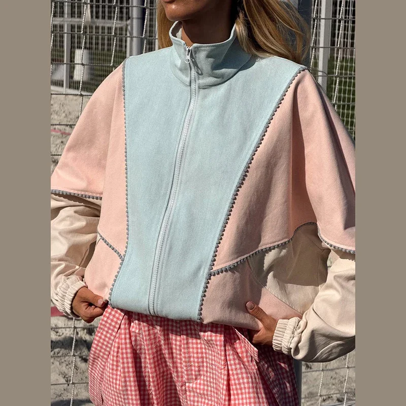 Y2K Damenjacken Mantel mit Streifenbesatz Stehkragen Reißverschluss Oversize Windbreaker Locker Sitzende Streetwear Sportjacke Oberbekleidung Outfit – Detail 25