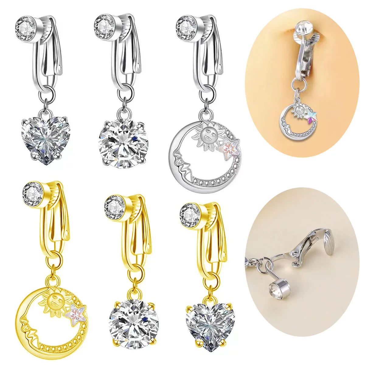 

Piercing-Free Diamond Embedded Heart-aped round Belly Button Rings Faionable Jewelry without Hole-Punching Required