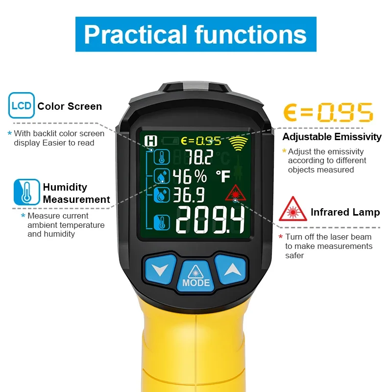 Temperature Meter Gun Outdoor Laser Pyrometer IR Thermometer Non-Contact Infrared Thermometer Handheld Digital LCD Industrial  ﻿