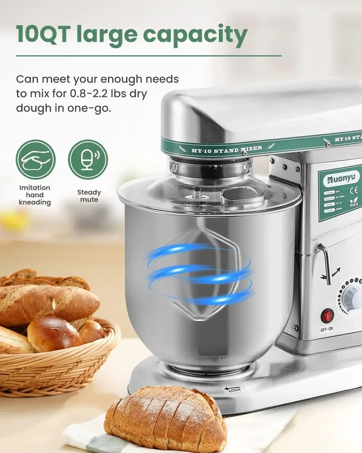 Huanyu Commercial Stand Mixer 10QT 500W เครื่องปั่นแป้งไฟฟ้าพร้อมชามสแตนเลสตะขอแป้งแบน Beater Whisk 3 นิ้ว