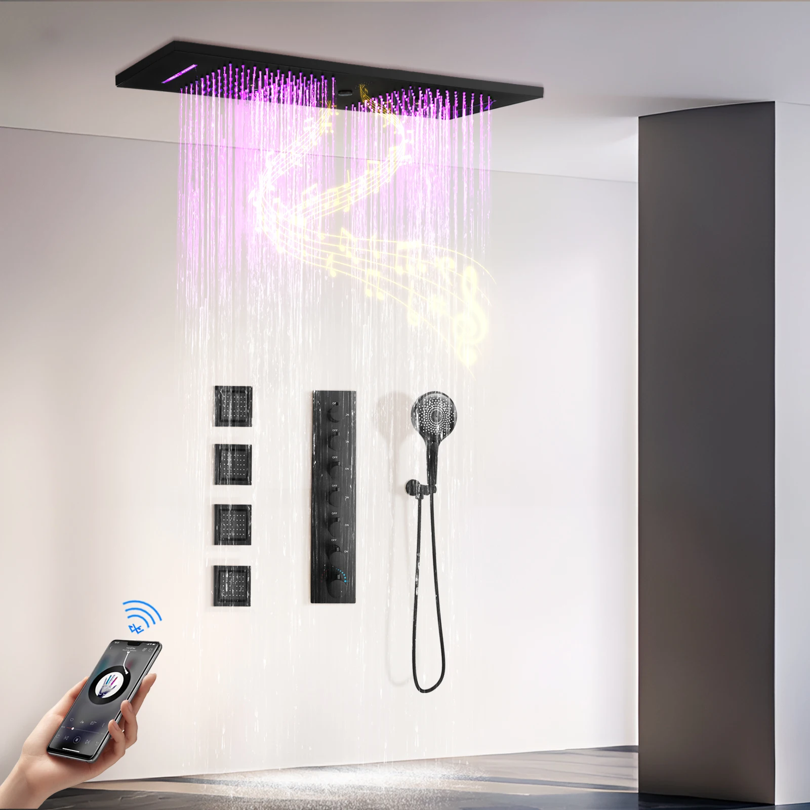 900 × 300mm matte black LED shower 6 functional music shower system rain Shower water faucet constant temperature