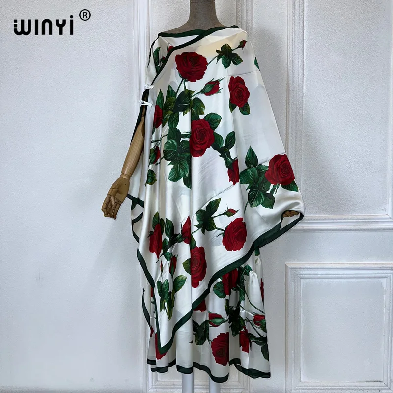 WINYI summer Elegant Fashion evening dress abaya muslim woman abaya dubai luxury Female loose Print kaftan with scarf two pcs