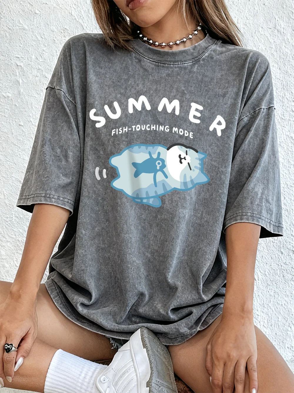 

Промытые футболки с принтом «рыба» и «кошка», женская хлопковая футболка большого размера, повседневные топы с короткими рукавами, летняя одежда с круглым вырезом