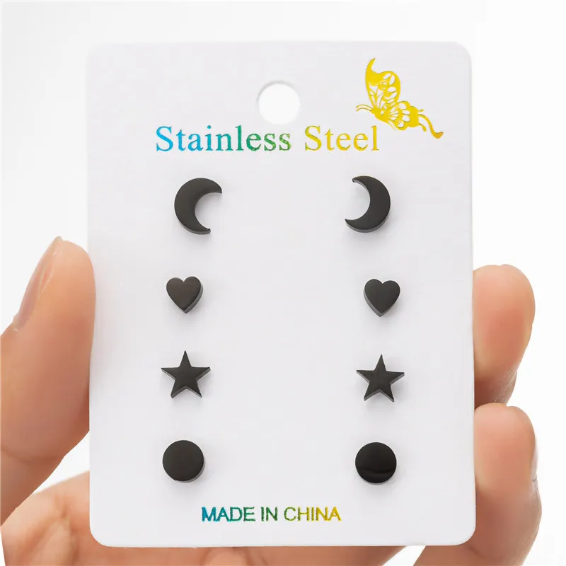 4Pairs Small Geometric Stainless Steel Stud Earrings Set