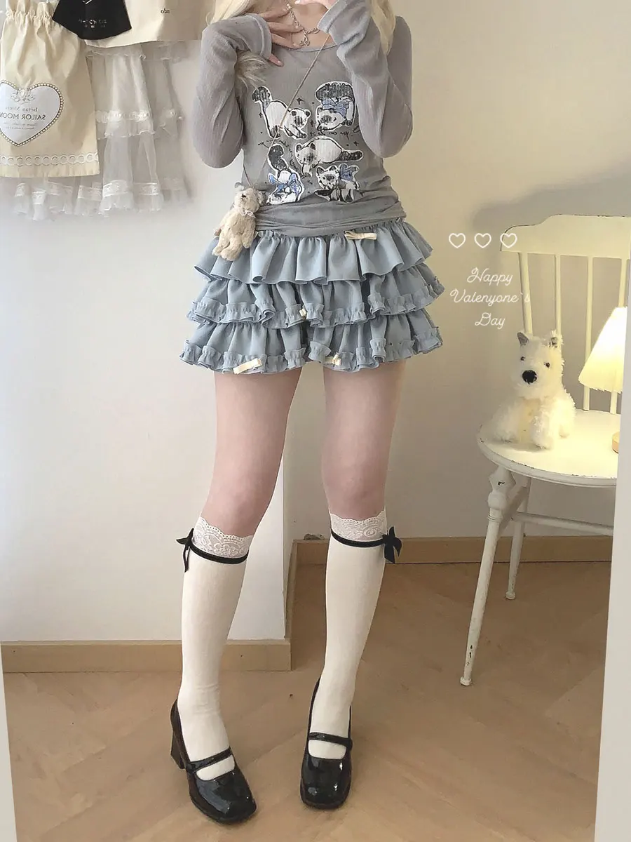 Bow Mini Skirt for Women Kawaii Cute Ruffle Cake Skirt Shorts Girls Harajuku Japanese Style Clothing