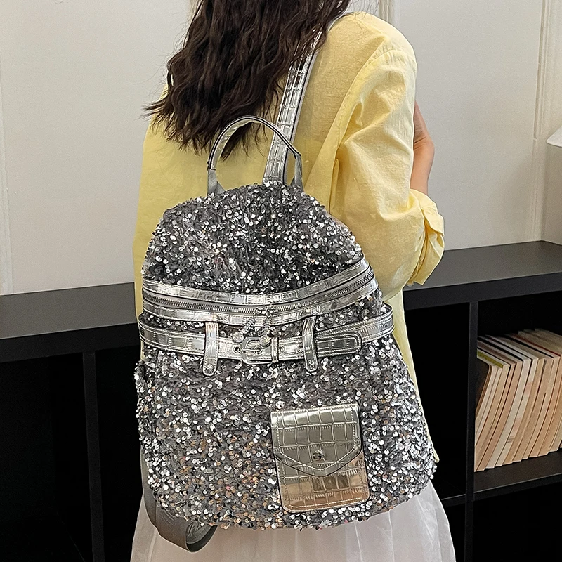 

High Quality Women Genuine Leather Backpacks Large Capacity Ladies Shoulder Travel Bag Casual Female Glitter Laptop Backpacks