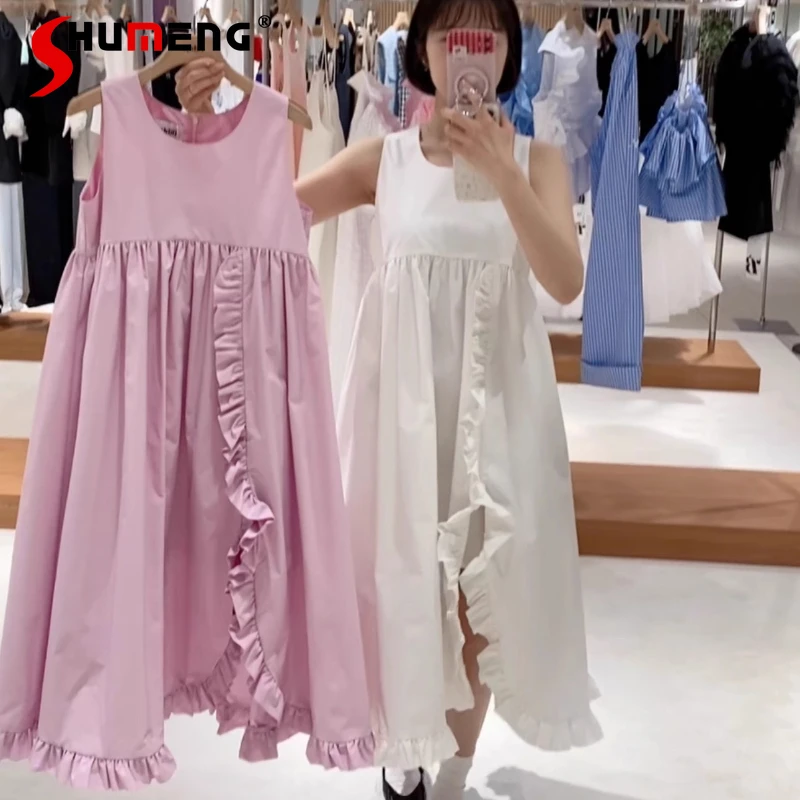 

Japanese Sweet Elegant Pink Long Dress Summer New Woman's High Waist Slim Fungus Edge Fashion Sleeveless Dress Lady Daily Dress