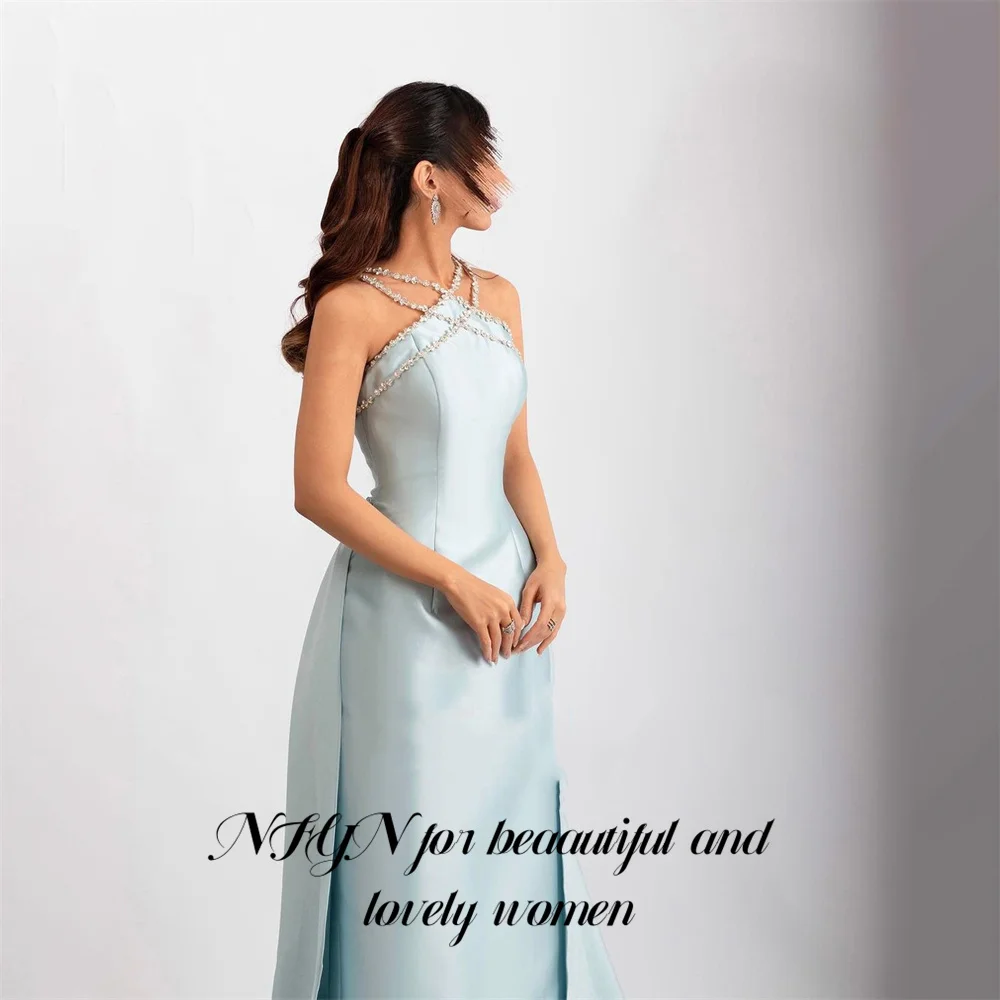 

NFYN Light Blue Prom Dress Beading Halter Party Dress Sleeveless Celebrity Gowns Stain Party Dresses вечерние платья Customized