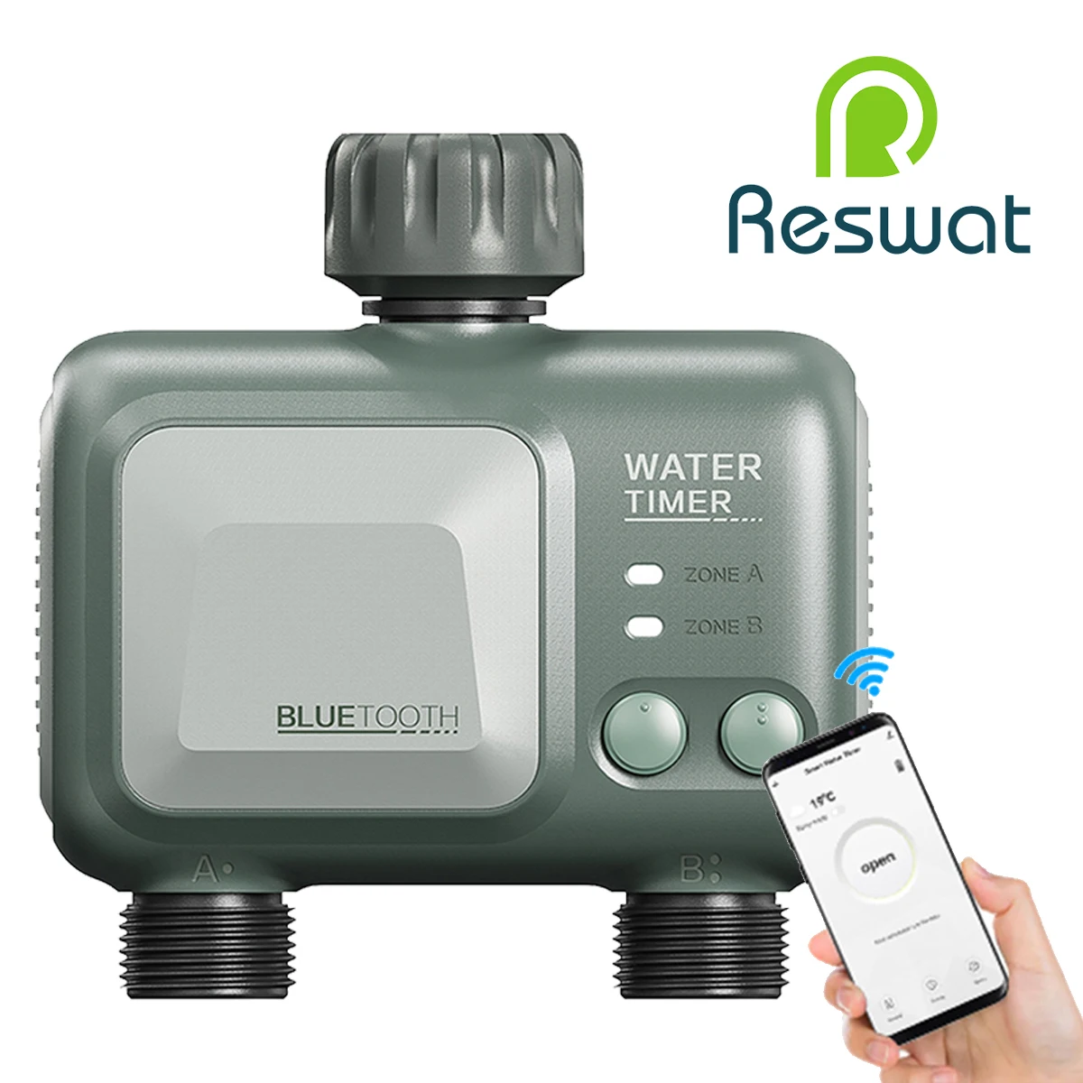 

Reswat 2-Outlet Wireless Water Timer HCT-626 Bluetooth WiFi Irrigation Sprinkler Mobile Control Setting Garden Watering Tools