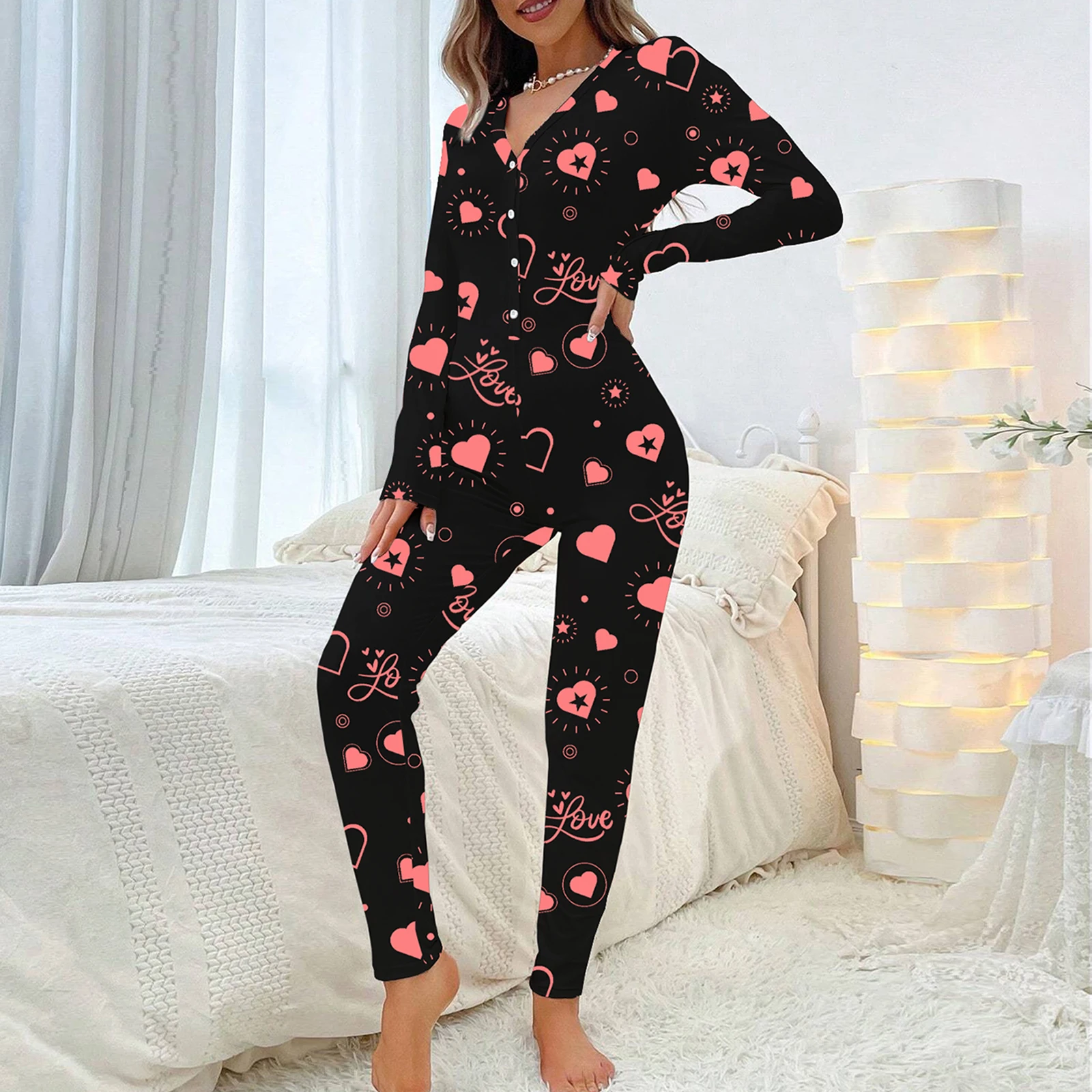 Women\'s Bodycon Pajamas Bodysuit Valentine\'s Day Heart Print Long Sleeve V-Neck Front Button Down Jumpsuit Loungewear Sleepwear