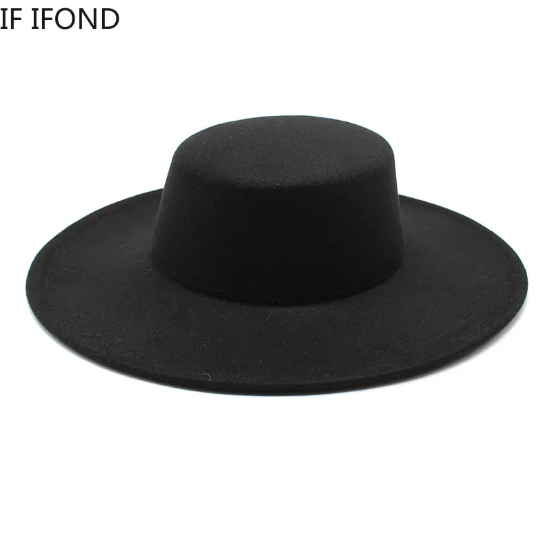 Francuska damska czapka z duży szeroki rondem 10CM kapelusz Fedora zimowe wełniane Derby ślubne jazzowe czapki płasko zakończony filcowy kapelusz