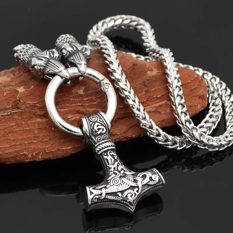 Norwegian Nordic Wolf Head Viking Necklace Thor Hammer Retro Style Crow Head Men's Necklace Jewelry Gift