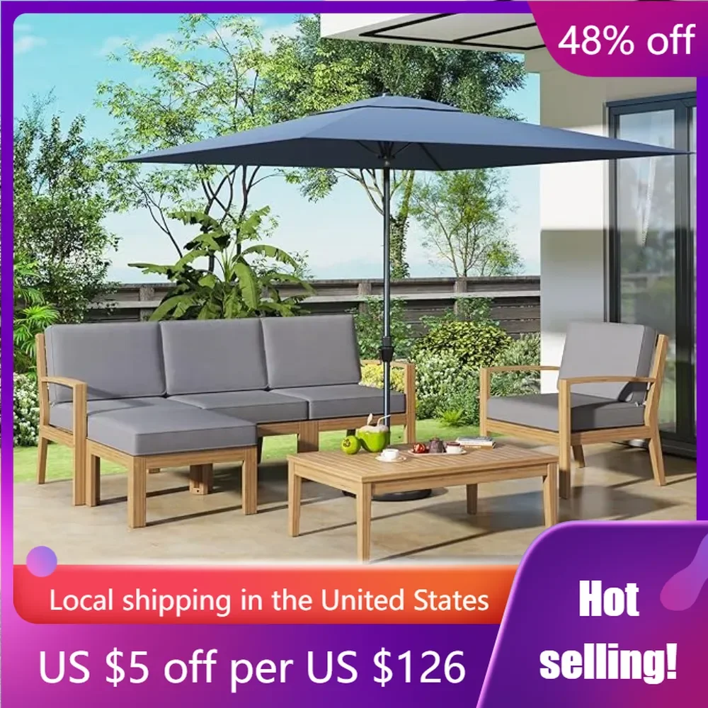 

4 Piece Patio Furniture L-Shaped Outdoor Sectional Sofa, FSC Certified Conversation Set Grey Cushions for Garden Backyard