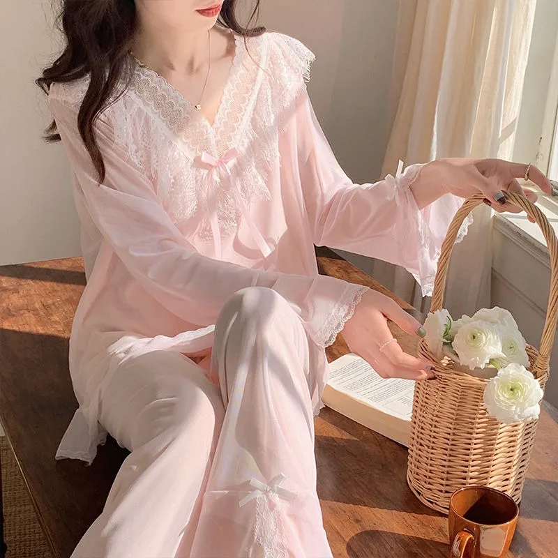 

Pajama Women Spring Autumn Long-sleeved Sleepwear Modal Lace Gauze Sweet Princess Wind Homewear Suit V-neck Summer Loungewear