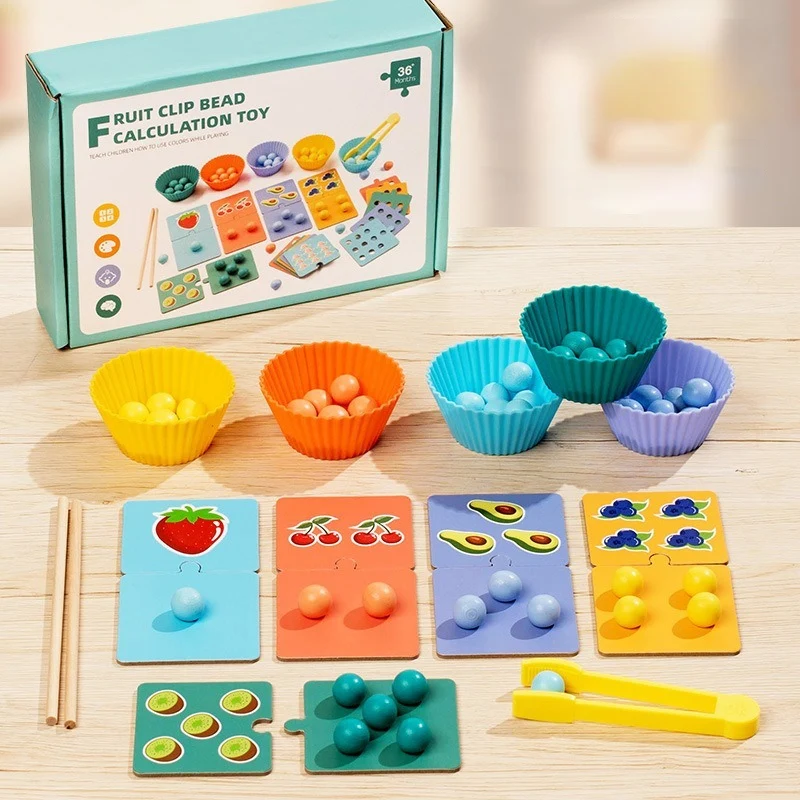 Montessori kleur- en fruitsorteerspeelgoed – nummerherkenning en kraalknijpspel voor de ontwikkeling van fijne motoriek