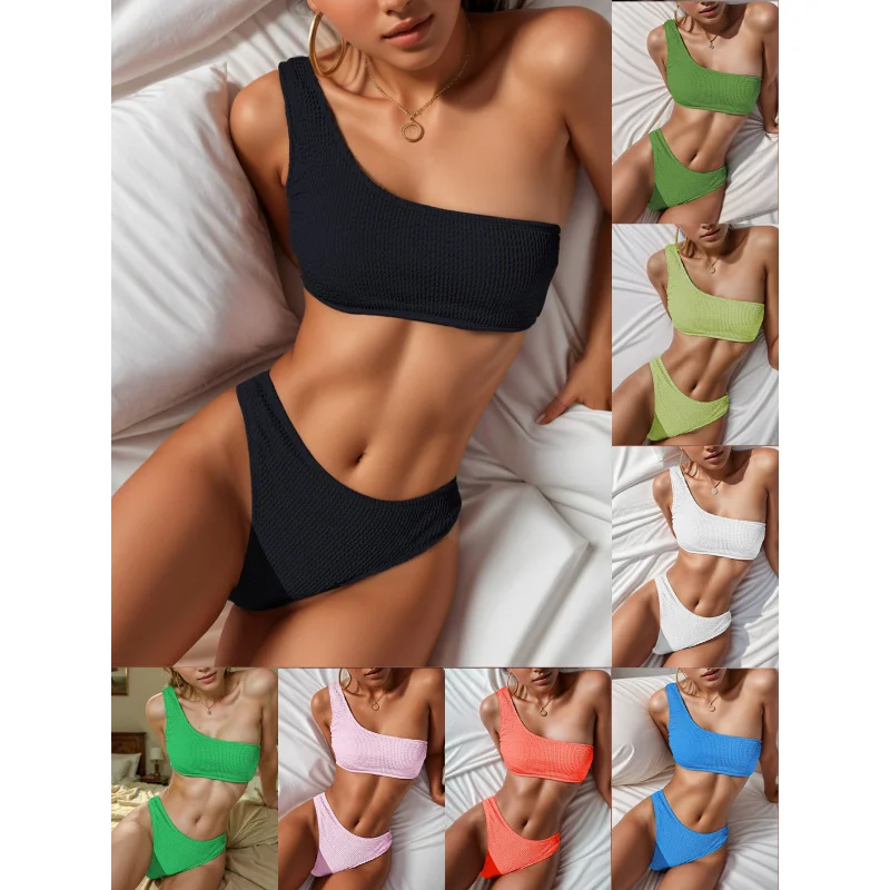 New swimsuitbikiniSolid Color Snakelike Fabric One-Shoulder Bikini Two-Piece Swimsuit for Women