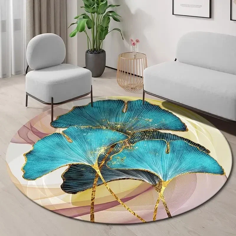 Gold Ginkgo Leaf Round Carpet Abstract Geometric Area Rug for Living Room Bedroom Kitchen Decorative Non-slip Indoor Floor Mat