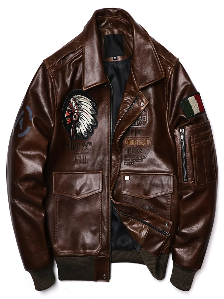 

Vintage Brown Horsehide Indian Embroidery Genuine Leather Jacket Men's Motorcycle Jackets Air Force Pilots Clothes Flying Suit