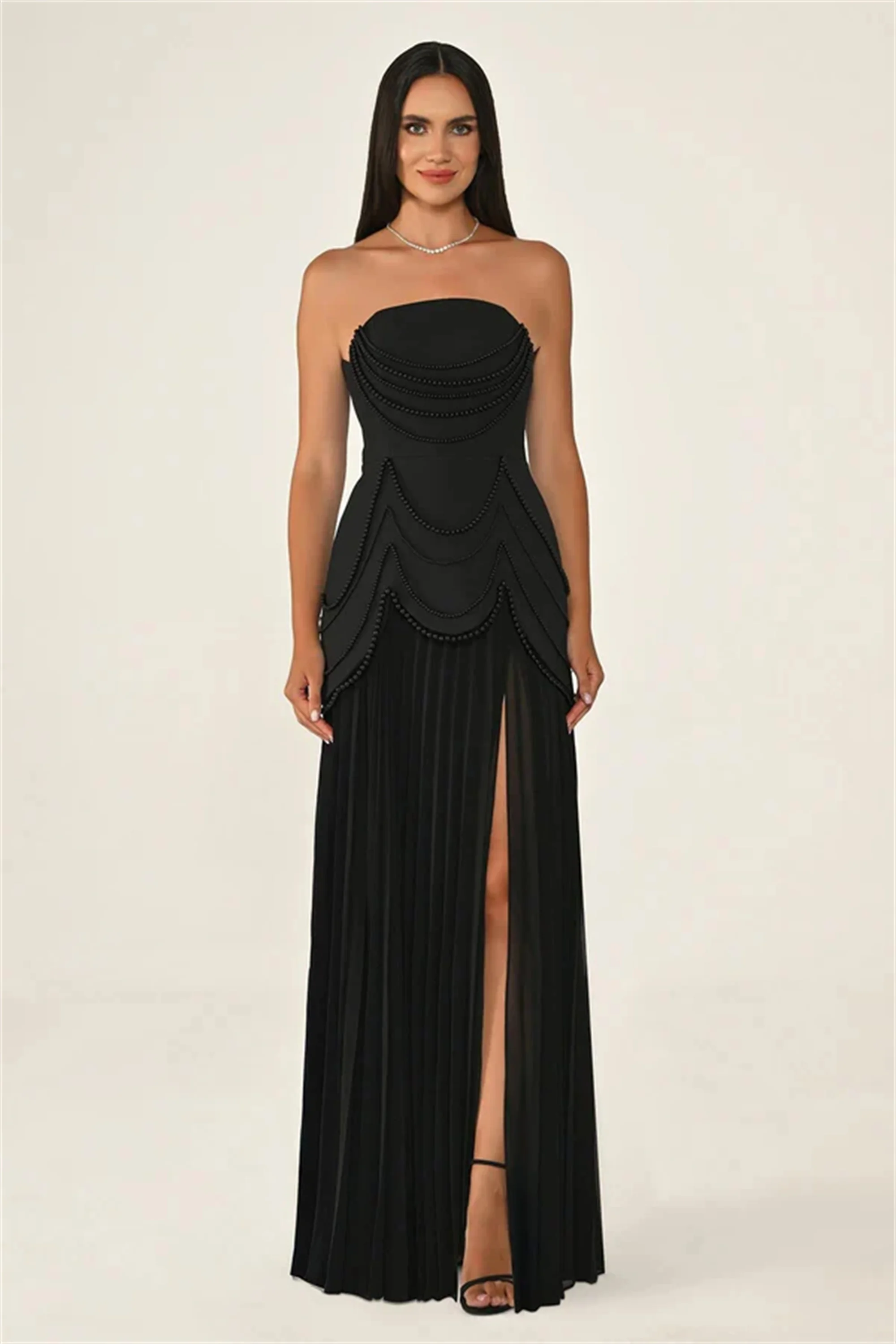 فستان سهرة أنيق رائع بدون حمالات مخصص بطيات على شكل حرف a طويل مطرز بالخرز فساتين حفلات رسمية EVON BRIDAL