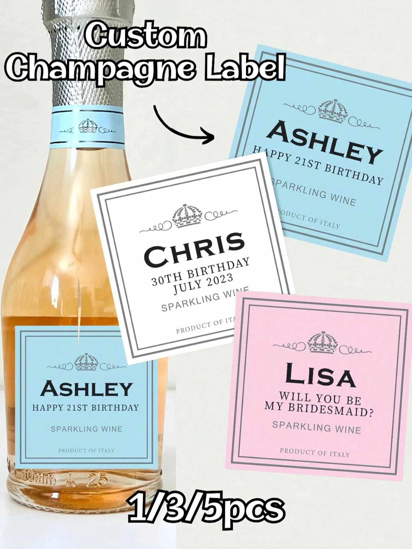 Etiquetas de champán Prosecco personalizadas, propuesta de dama de honor impermeable, cumpleaños, compromiso, aniversario, regalo de vino, 5 uds.