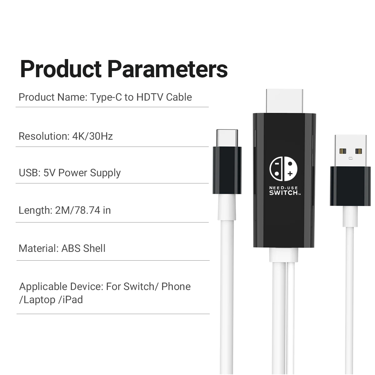 3-in-1 Type C to Display Port 4K30Hz USB to HDTV 2M Cable USB 5V Power Supply With For Nintendo Switch OLED/Phone/Notebook/Pad