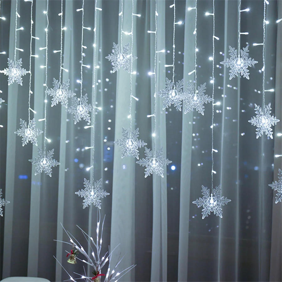 Guirnalda de luces navideñas con forma de copo de nieve LED para interiores y exteriores, 3,5 M, 8 modos, luces de cortina de hadas intermitentes para decoración de fiesta y boda