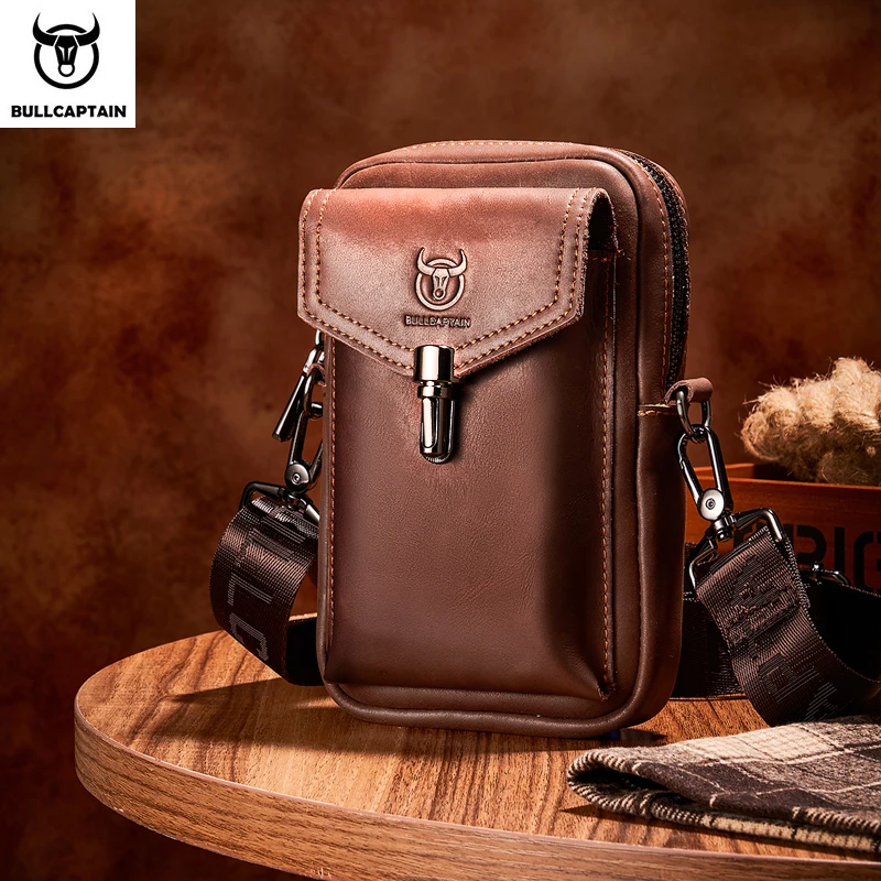 BULLCAPTAIN Crazy Horse Leather Men\'s Waist Bags Multifunctional 7-inch Mobile Phone Bag Bag Male Shoulder Messenger Bages Brown