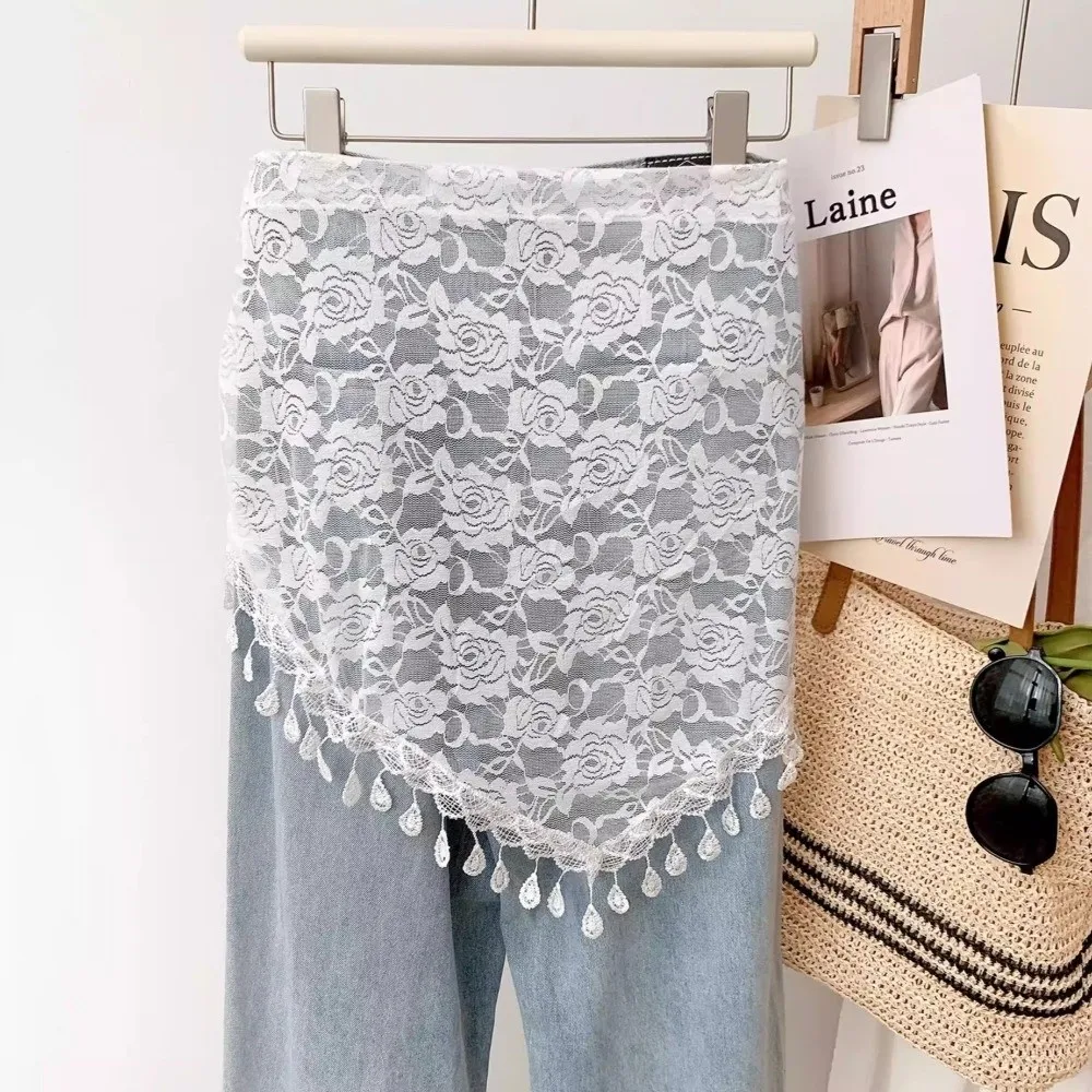 Fashion Sheer Mesh Hip Scarf Floral Print Triangle Boho Bandana Tassel Fringe Lace Waist Scarf For Women