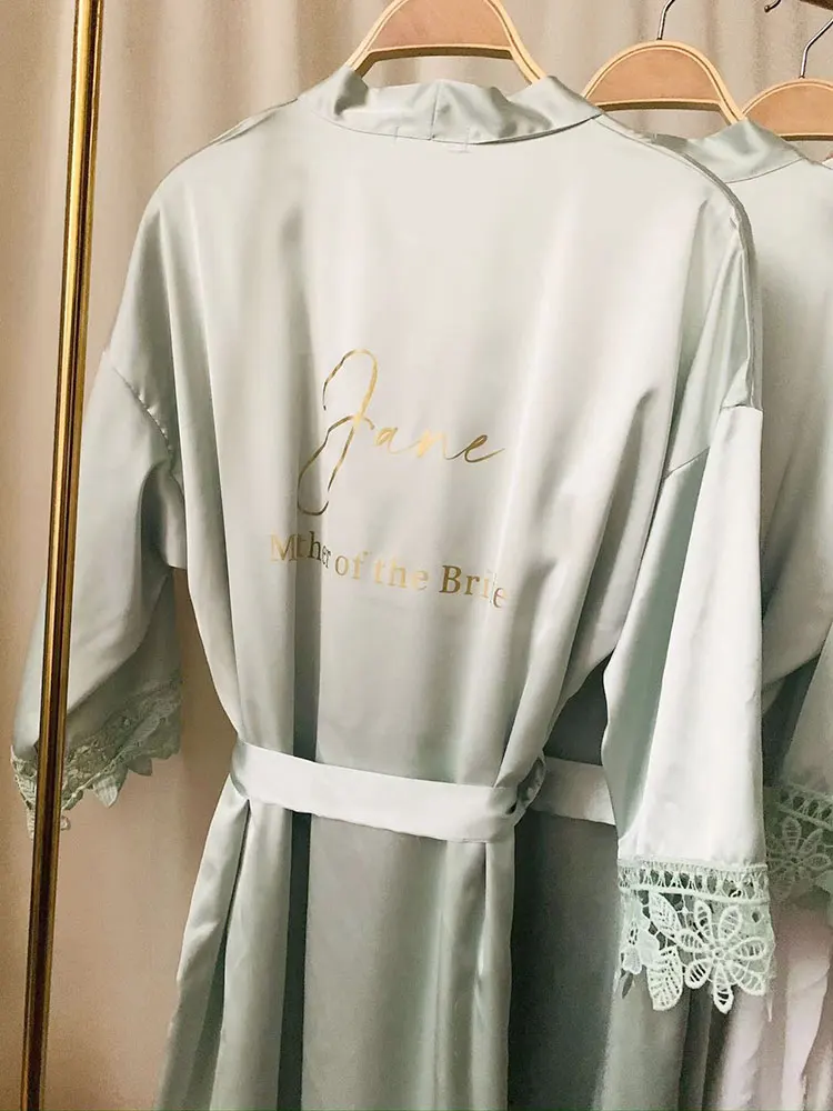 Personalised Robe Green Custom Bridal Robe Wedding Bridesmaid Kimono Sage Green Bathrobes Silky & Lace Detail Bridal Party Dress