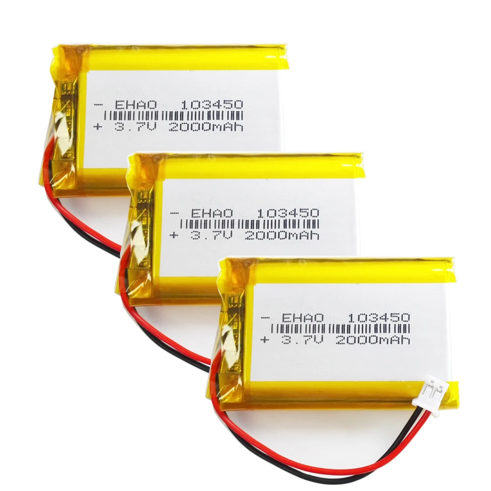 

3 PCS 103450 3.7V 2000mAh Lipo Polymer Lithium Rechargeable Battery + JST PH 2.0mm 2pin Plug For MP3 GPS Navigator DVD Recorder