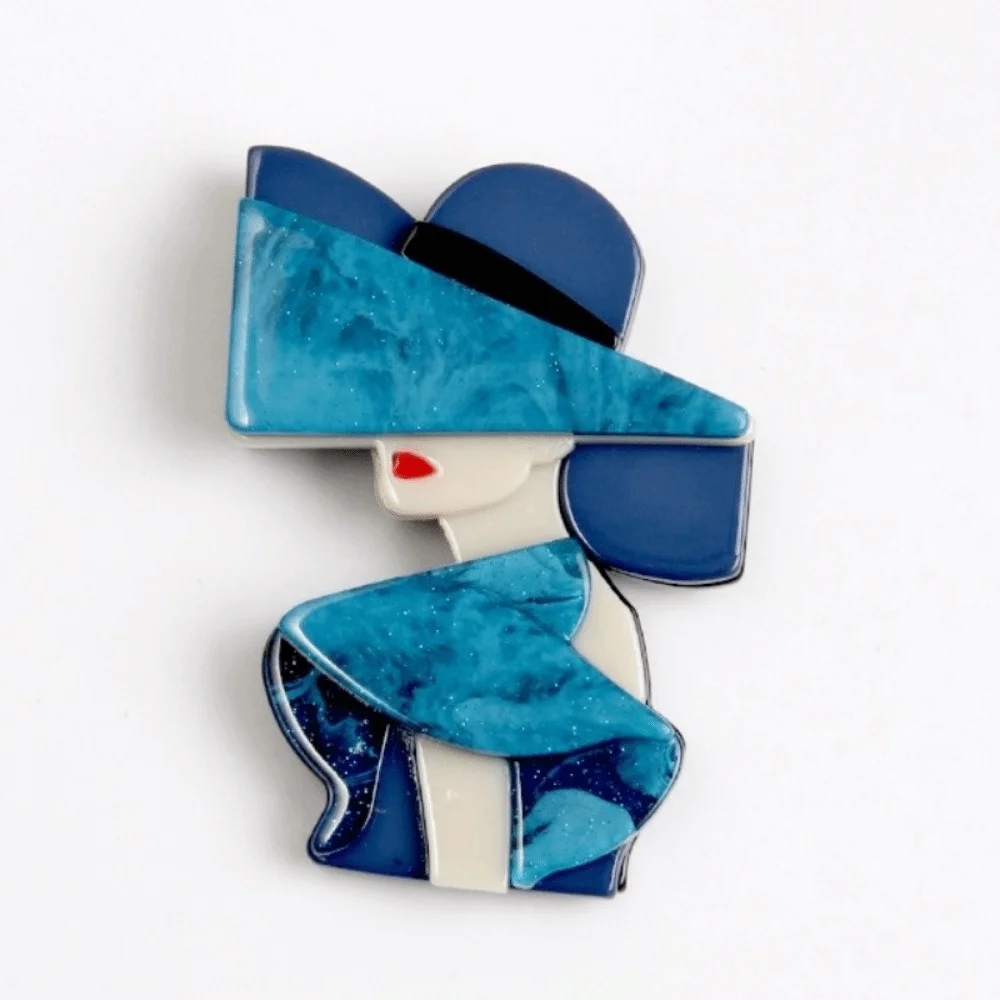 Elegant Cartoon Lady with Hat Brooch Acrylic Handmade Women Portrait Pin Large Clothing Accessories Girl Badge