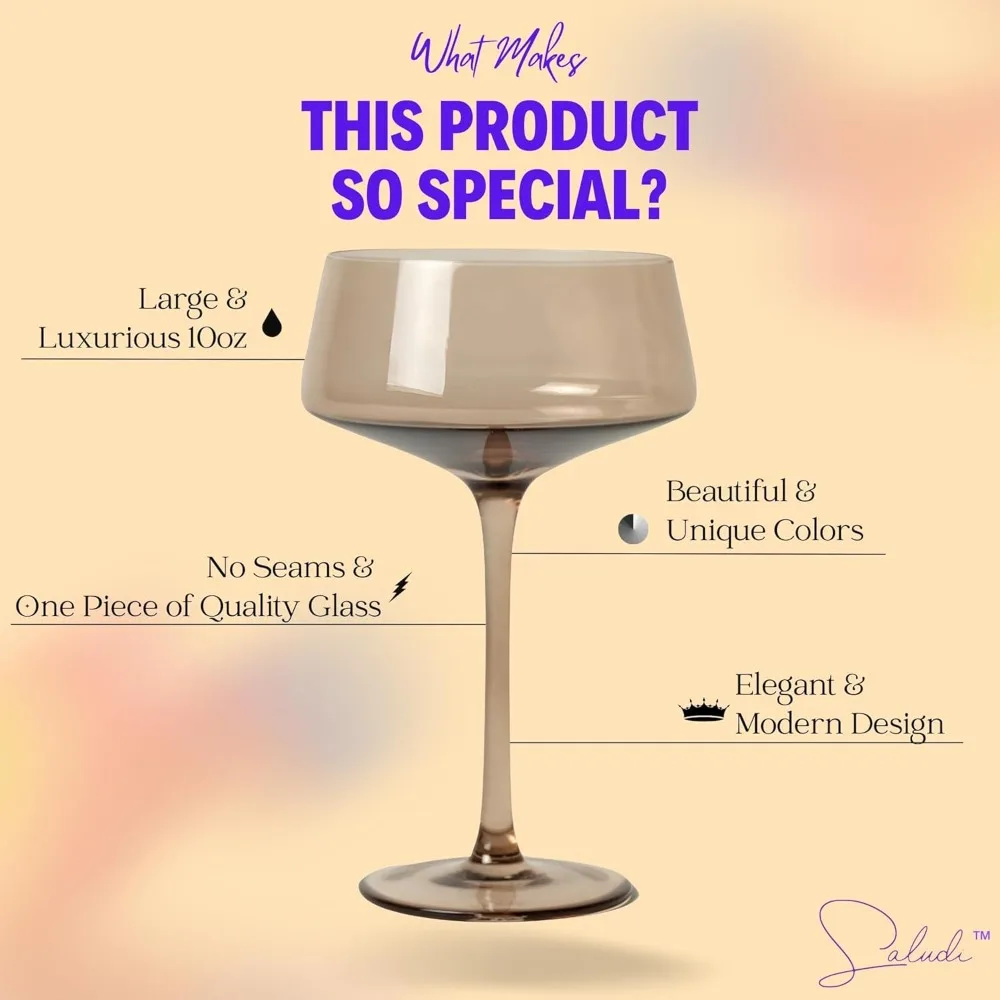 

10oz Hand-Blown Colored Coupe Glasses Set of 6 - Luxury Cocktail Glassware for All Occasions