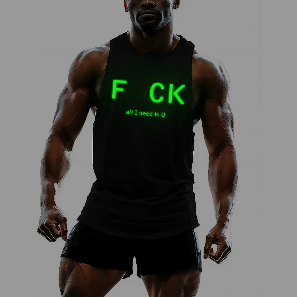 y2k Gym Sports Sleeveless shirt vest Quick dry new glow-in-the-dark letter men's Round neck vest Loose casual short sleeves tops