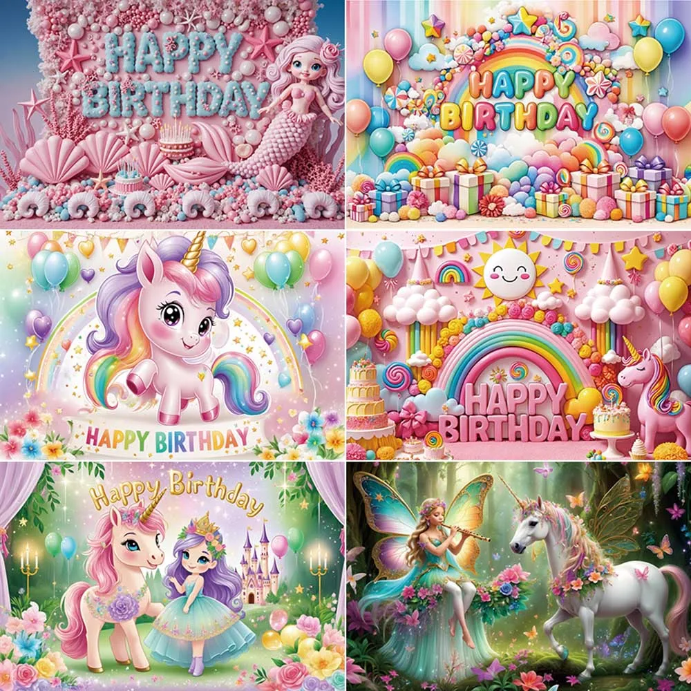 MOON.QG Fondo personalizado de feliz cumpleaños, fondo de fotografía personalizado para niños recién nacidos, Baby Shower, unicornio, sirena,