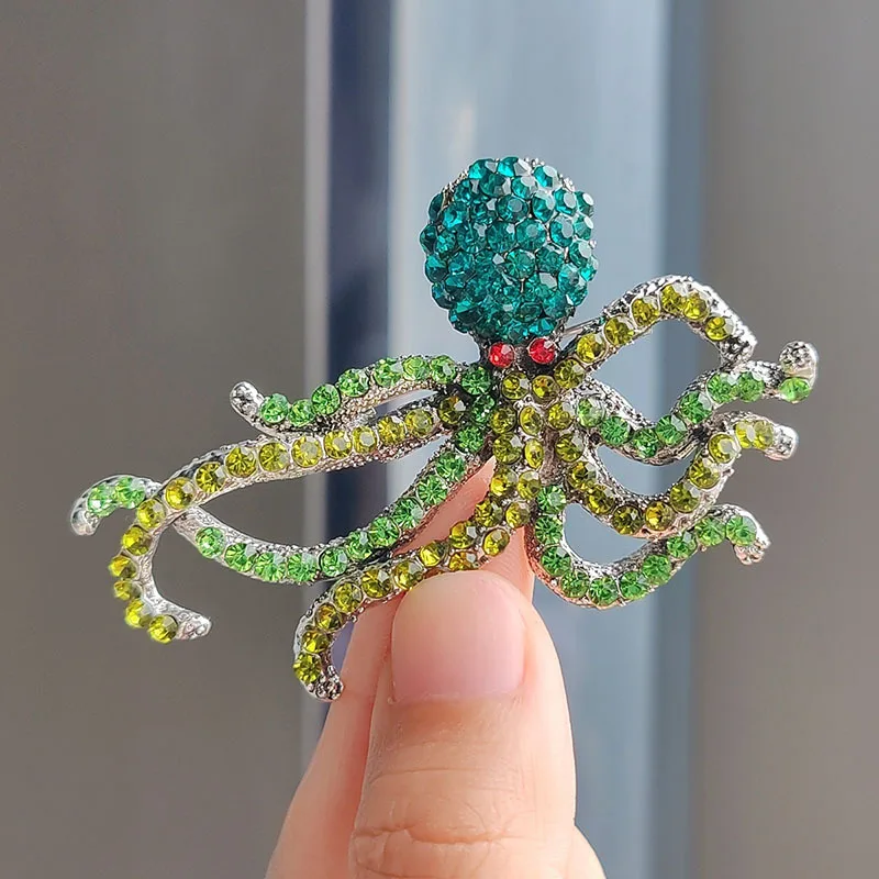 Colorful Rhinestone Octopus Brooches Pin For Women Men Unisex 2-color Exquisite Crystal Sea Animal Badge Jewelry Accessory Gift