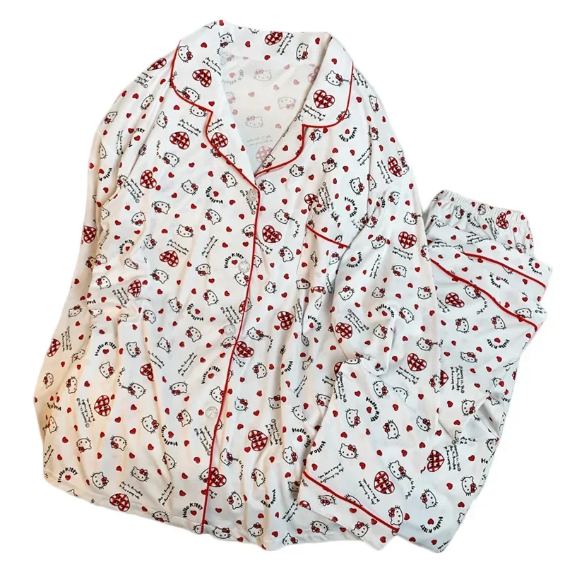 Sanurgente-Pyjama Hello Kitty pour Femme, Vêtements de Maison Confortables, Doux et Mignon, Imprimé Dessin Animé, Cadeau Kawaii Trempé, Printemps et Automne