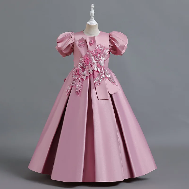 New Girls\' Satin Handmade Beaded Puffy Princess Bubble Sleeve Piano Host Birthday Performance Party Birthday Dress