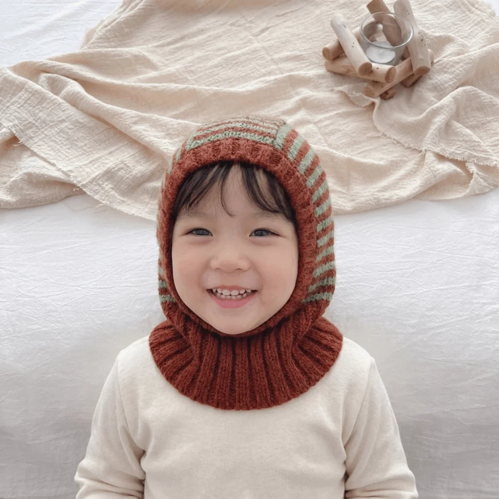Simple Striped Kids Scarf Hat Keep Warm Thermal Children Windproof Cap Headgear Adjustable Balaclava Hat Girl