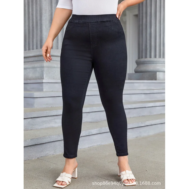 Cross-Border European and American plus Size Denim Elastic Elastic-Waist Slim-Fit Pants FatMMPencil PantsTEMUAmazonSHEIN