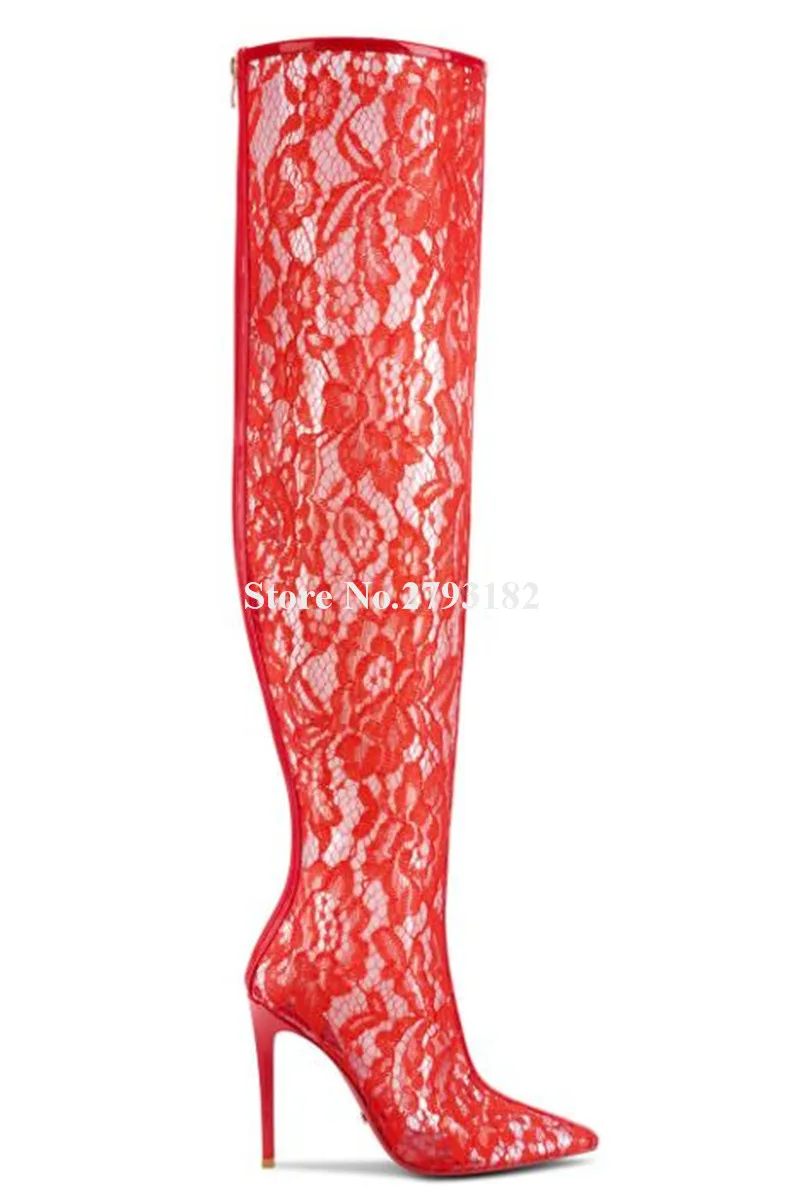 Lace Over Knee Boots Women Sexy Pointed Toe Red Blue Black Mesh Stiletto Heel Party Shoes Back Zipper-up Long Boots Big Size