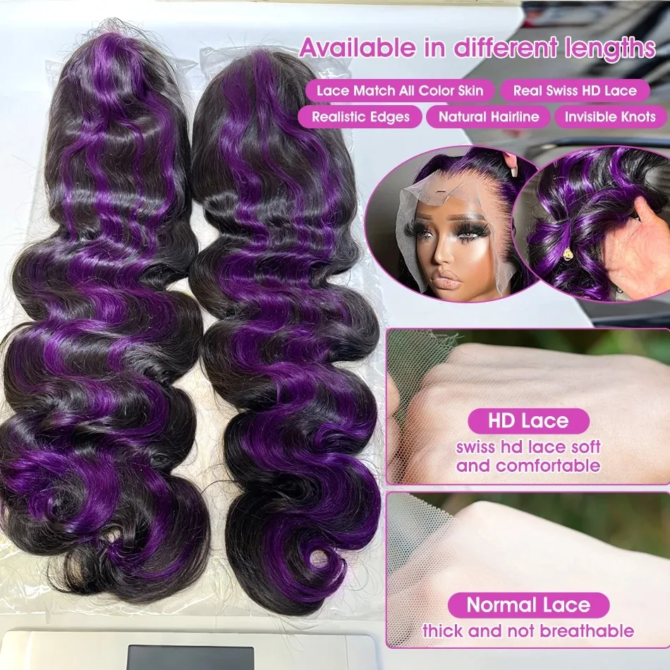 Ombre Purple Highlight Body Wave 13x6 HD Lace Front Wig Human Hair Waves Dark Purple 13x4 Lace Frontal Wigs Vietnamese Hair image 5