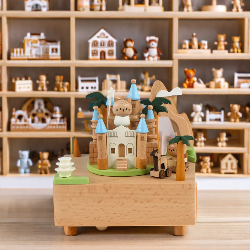 

Best Gift Custom Tune Melody Clockwork Cave Castle Wooden Toy Music Box for Kids