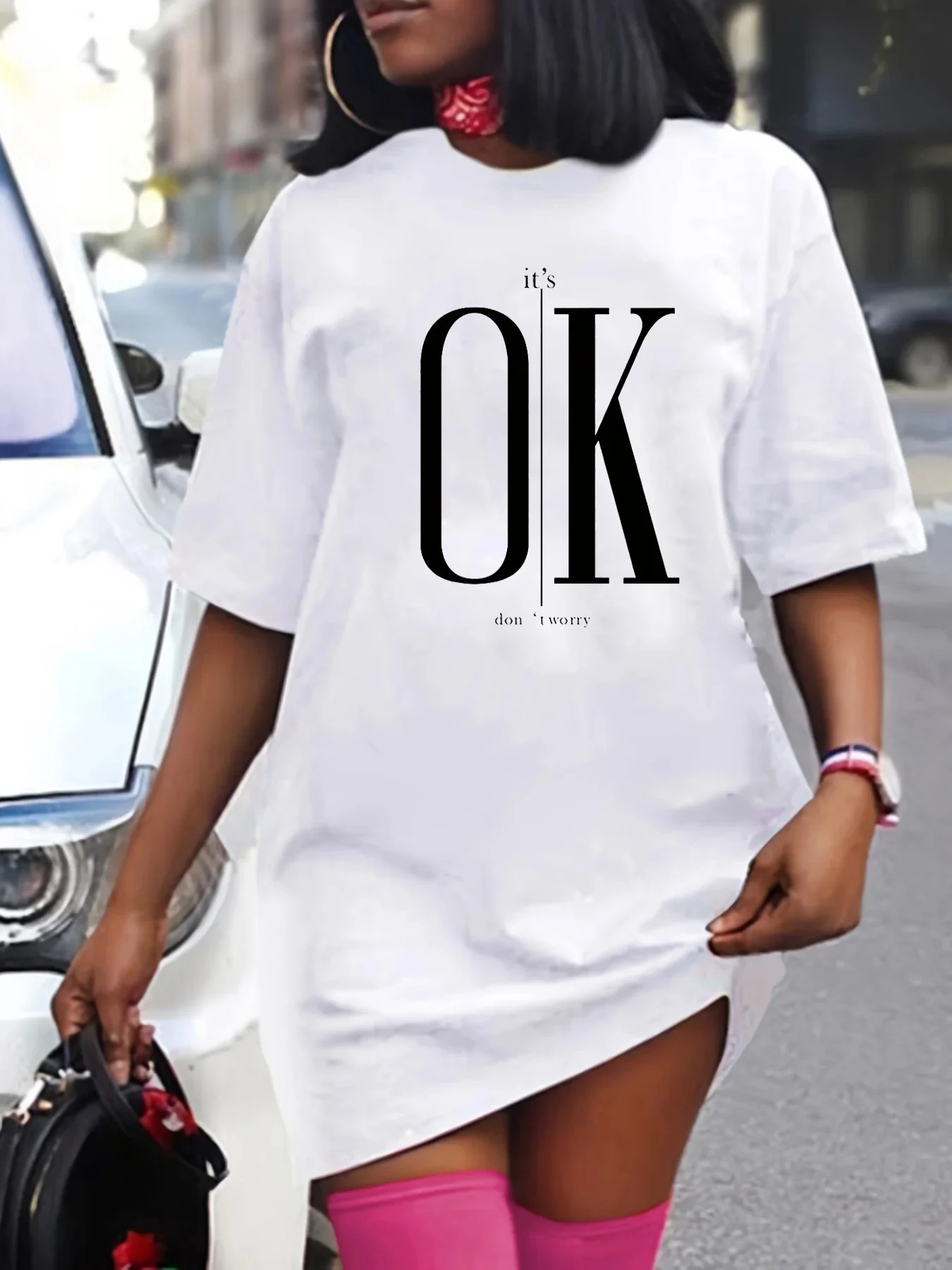 Pop femmes été décontracté c'est OK ne vous inquiétez pas imprimer lèvres imprimé taille ample col rond manches courtes T-shirt robe