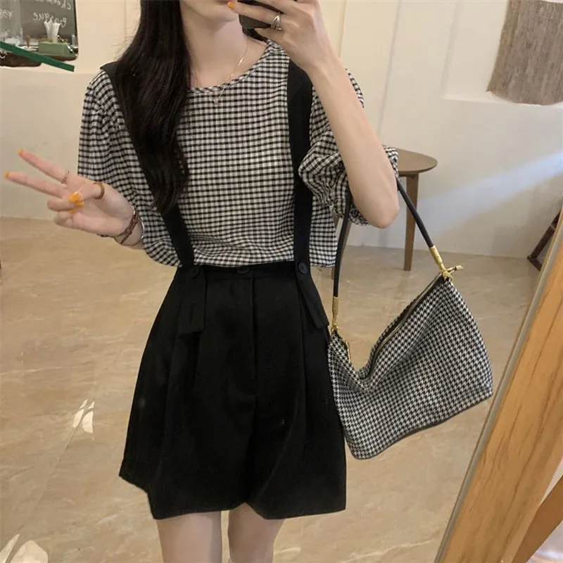 Casual Detachable Summer Lady Salt Series Youth Round Neck Puff Sleeve Short Sleeved Lattice Tops Wide Legs Shorts Two Piece Set