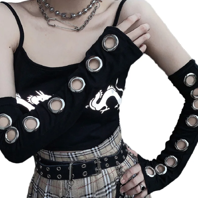 Women Black Gothic Arm Warmers Outsleeves Lady Ninja Sleeves Stretch Hip-hop Harajuku Y2K Metal Eyelet Hollow Out Mittens 2023