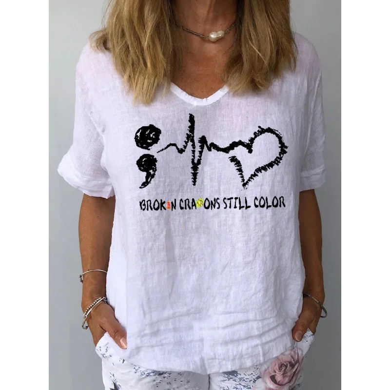 ilstile Women's Still Color Love Print T-Shirts Summer Holiday Short Sleeve Casual Loose V Neck Tops Tees White