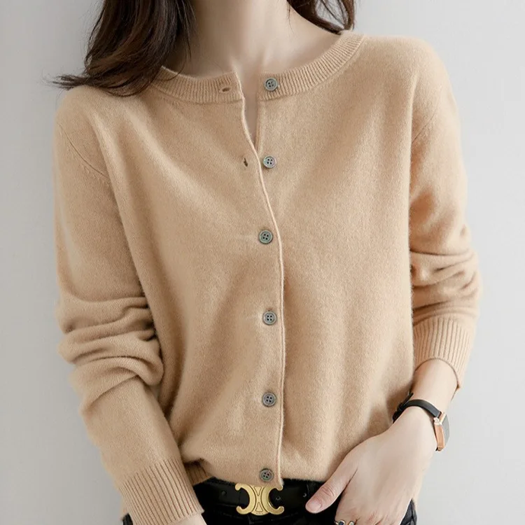 

Korean Single Breasted Cardigans Sweater Women Autumn Winter O-neck Long Sleeve Knitwear Female Basic Solid Color Soft Sweaters