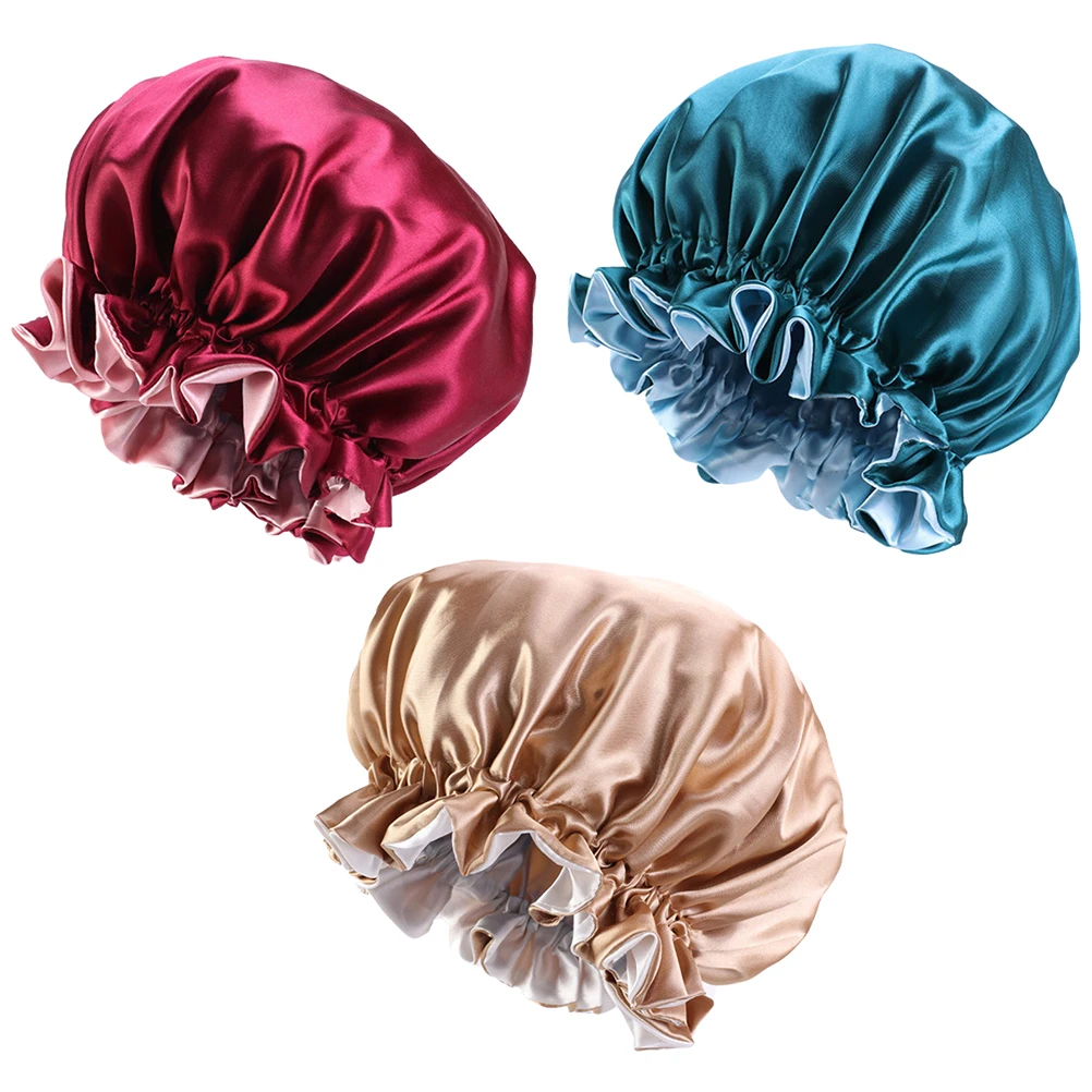 

3 pcs Satin Women Sleep Bonnet Hair Caps Wide Brimmed Durable Protect Hairdo Neat Skin Friendly Elastic One Size Fits