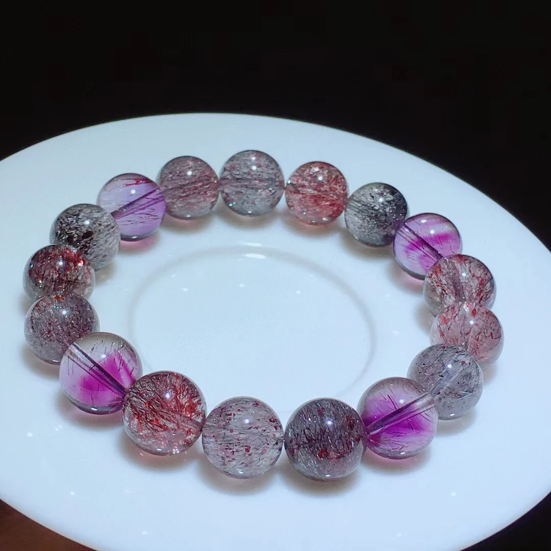 Natural Purple Super 7 Red Lepidocrocite Quartz Bracelet Jewelry Woman Men 11.7mm Colorful Rutilated Quartz Clear Beads AAAAAAA