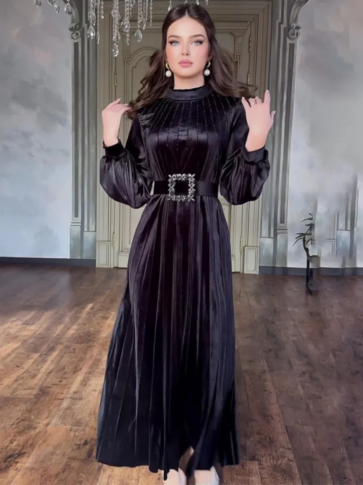 Faionable plissé longue Sve couleur Pure femme Dr Ele automne haut de gamme sentiment jupe Midi français Sle pièce unique